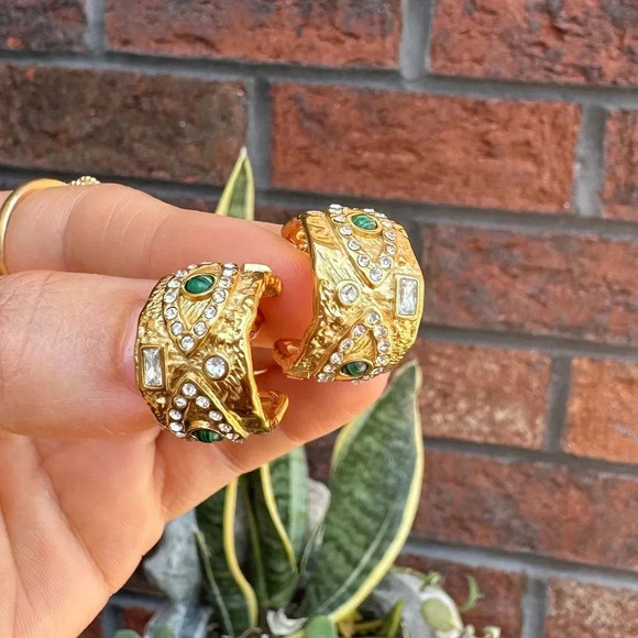 Baroque Malachite 18K Gold Stainless Steel Waterproof Eye Hoop Earrings - Picture 6 of 12